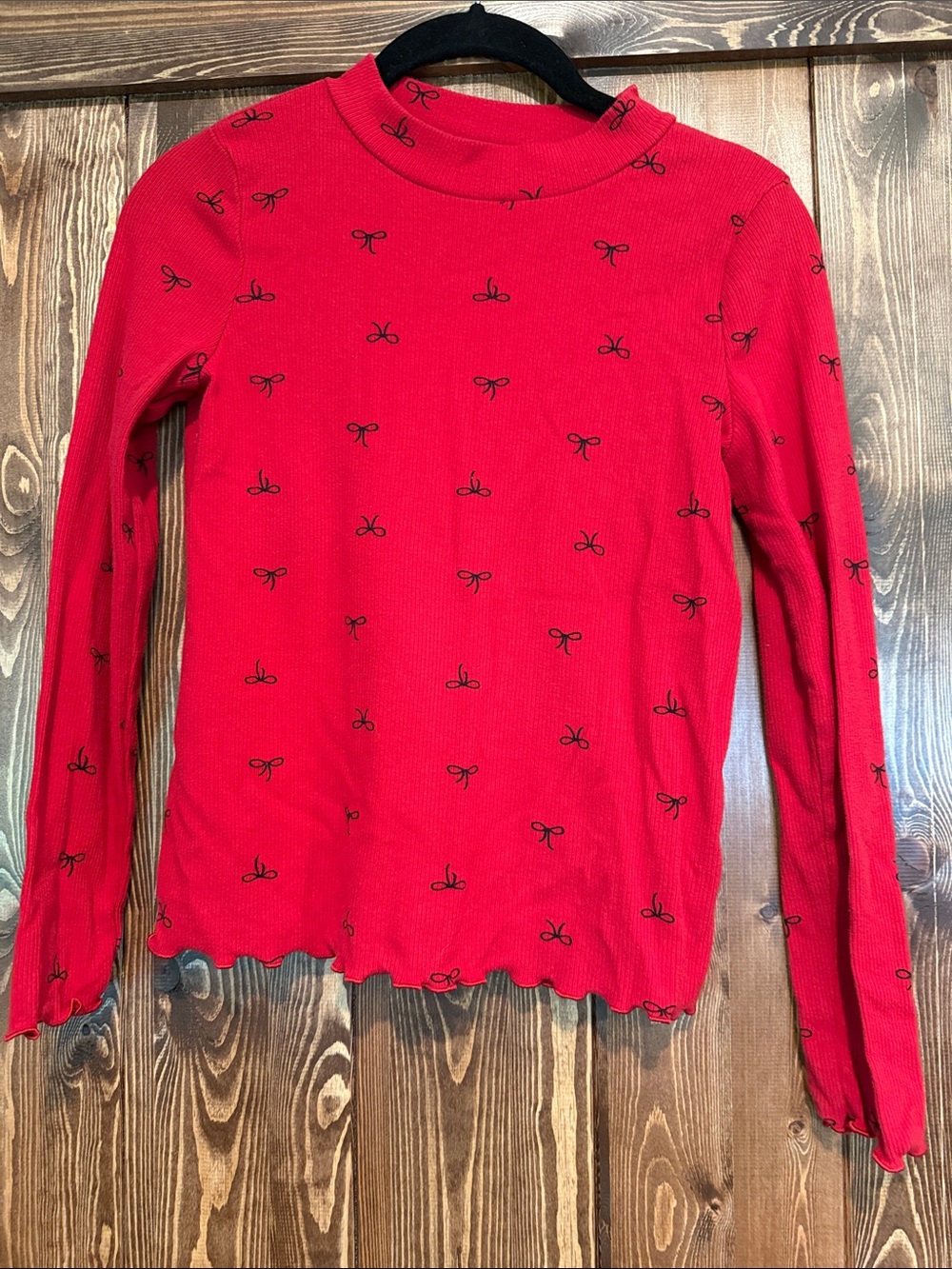 Cat & Jack Red Ribbed Long-Sleeve Top with Black Bow Print